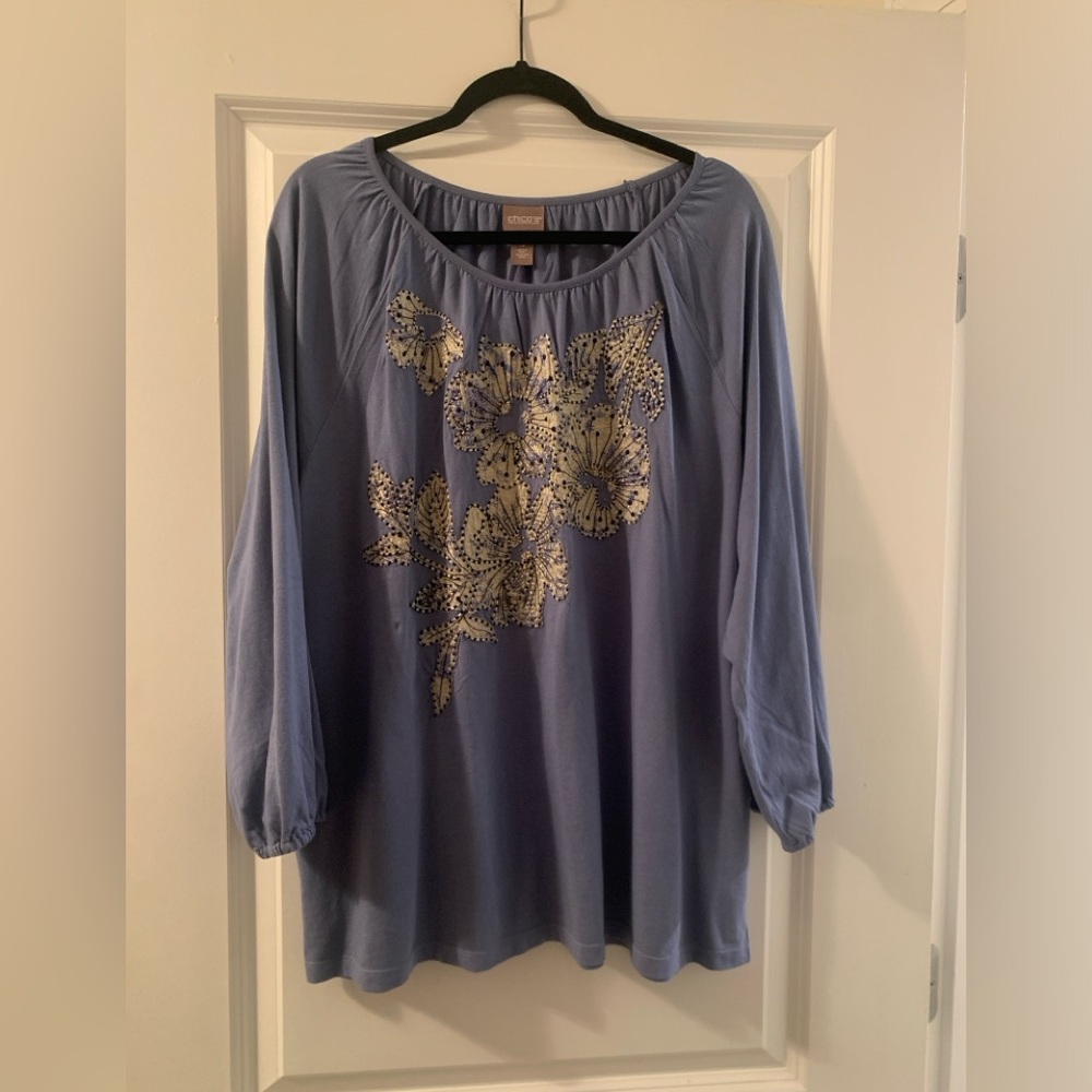 Blue Gold Floral Appliqué Long sleeve Top